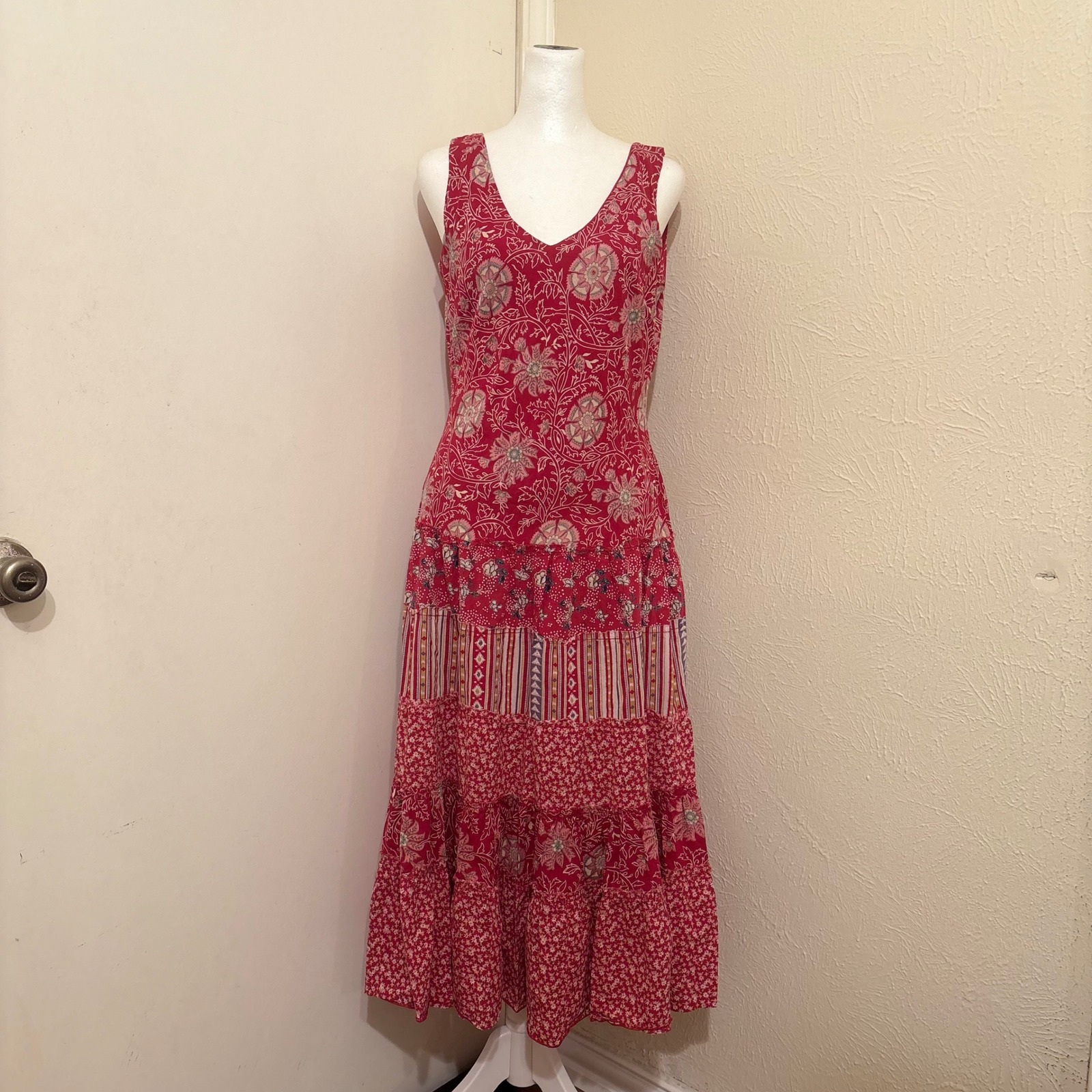 Coldwater Creek Red Floral Paisley Tiered Flowy Cotton Drop Waist Midi Dress 6